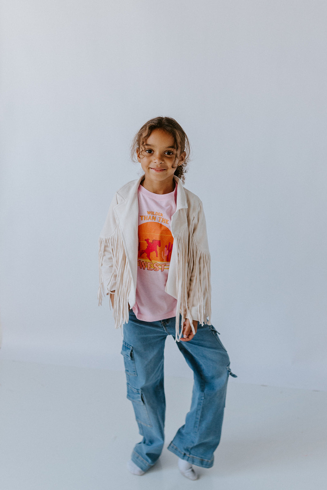 Kids Ivory Faux Suede Fringe Jacket