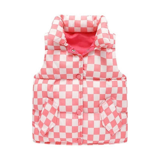 Pink Checkered Puffer Vest