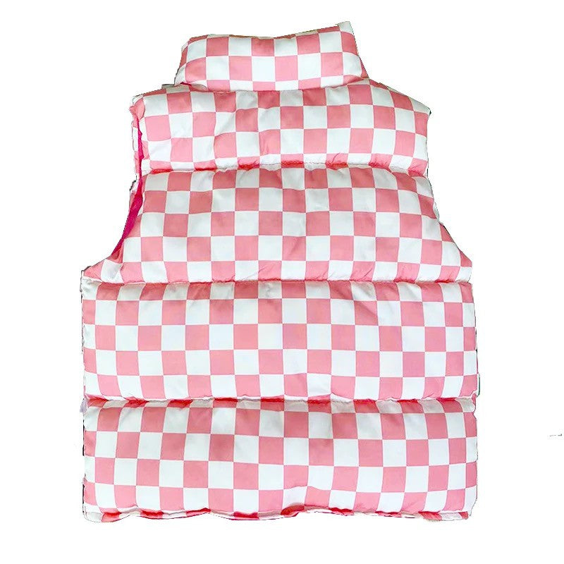 Pink Checkered Puffer Vest