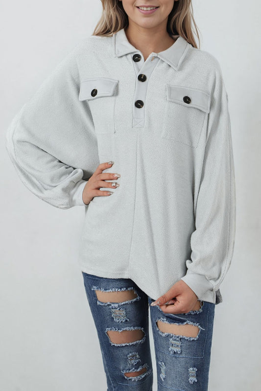 Gray Herringbone Terry Collared Sweatshirt w/Pockets