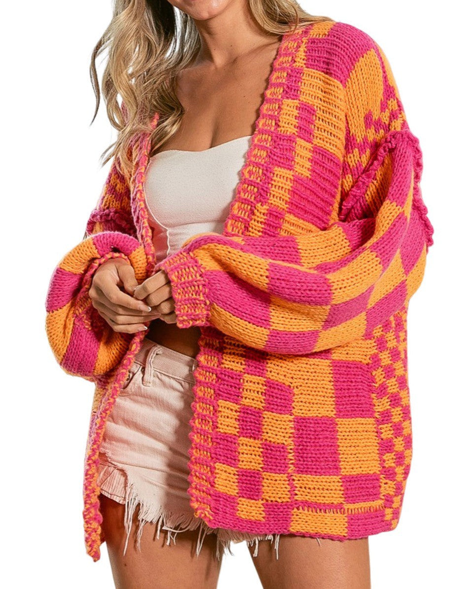 Adult Oversized Checkered Knit Cardigan